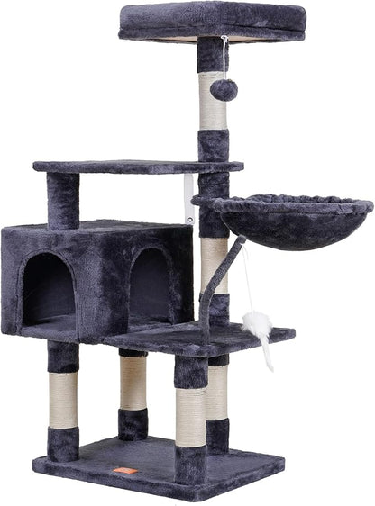 Heybly Cat Tree with Toy, Cat Tower Condo for Indoor Cats, Cat House with Padded Plush Perch, Cozy Hammock and Sisal Scratching Posts, Smoky Gray HCT004G