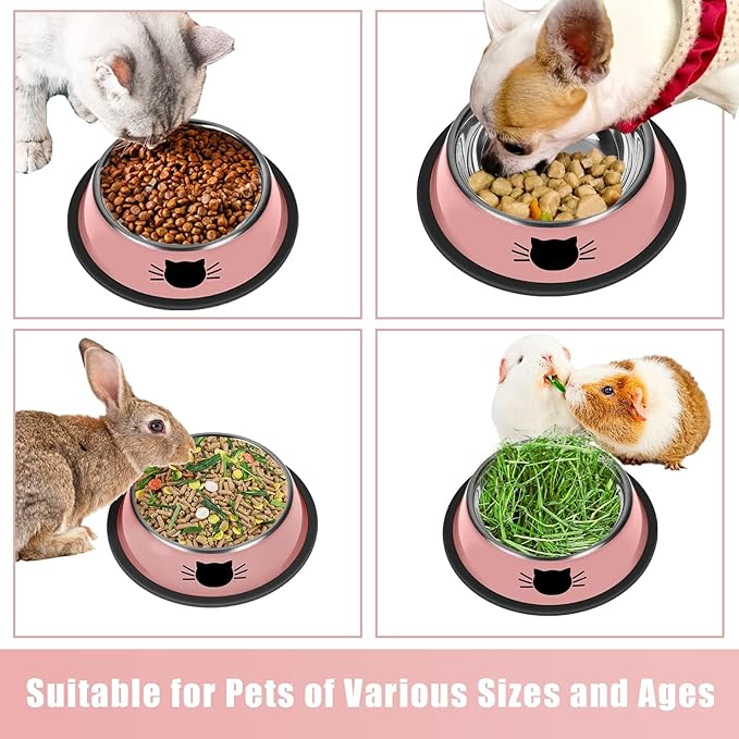 Serentive 2 Pcs Non-Slip Stainless Steel Small Cat Food Bowls - Unbreakable, Thicken 7 Oz Cat Dishes - Indoor, Removable Rubber Base, Easily Clean, Lovely Color