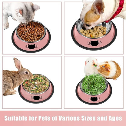 Serentive 2 Pcs Non-Slip Stainless Steel Small Cat Food Bowls - Unbreakable, Thicken 7 Oz Cat Dishes - Indoor, Removable Rubber Base, Easily Clean, Lovely Color