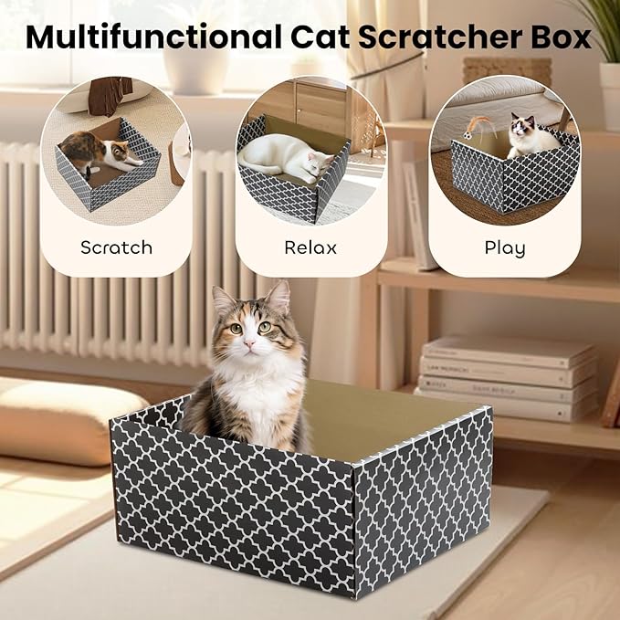 Cardboard Cat Scratcher Box with 3PCS Extra-Large Double-Sided Scratching Board, Heavy Duty Cat Scratcher Bed, Sturdy and Refillable, Ideal for Scratching and Sleeping, Premium House for Indoor Cats