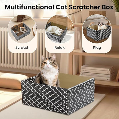 Cardboard Cat Scratcher Box with 3PCS Extra-Large Double-Sided Scratching Board, Heavy Duty Cat Scratcher Bed, Sturdy and Refillable, Ideal for Scratching and Sleeping, Premium House for Indoor Cats