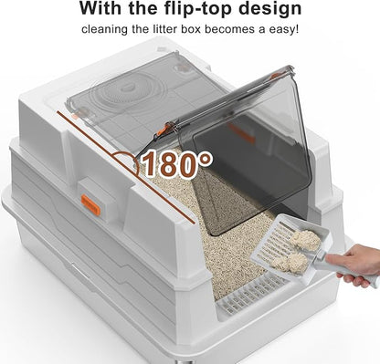Extra Large Enclosed Stainless Steel Cat Litter Box with Lid - XXXL Giant Metal Enclosed High Sides Litter Boxes for Multi-Cat Households and Overweight Cats - Black