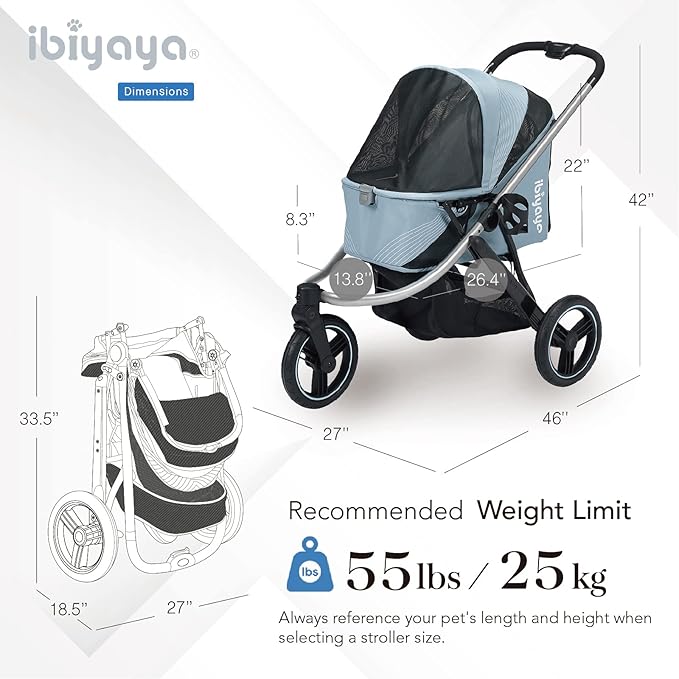 ibiyaya The Beast Pet Jogging Stroller for All Terrains, 3-Wheel Dog Carrier with Double Breaks, Zipperless Large Stroller for Running & Hiking, Multiple Small Dogs, Medium Dogs, or Cats (Flash Grey)