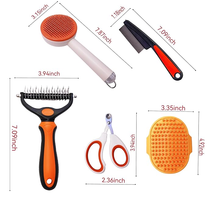 Cat grooming kit,5pcs Deshedding Brush for Cat with Kitten Nail Clipper,Cat Brush,Flea Comb and Bath Brush,Suitable for Short and Long Haired Cats,Indoor Cats and Travel,Orange