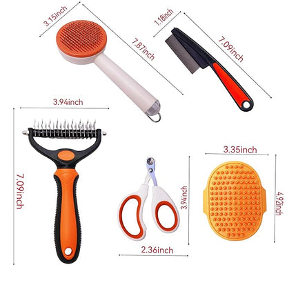 Cat grooming kit,5pcs Deshedding Brush for Cat with Kitten Nail Clipper,Cat Brush,Flea Comb and Bath Brush,Suitable for Short and Long Haired Cats,Indoor Cats and Travel,Orange