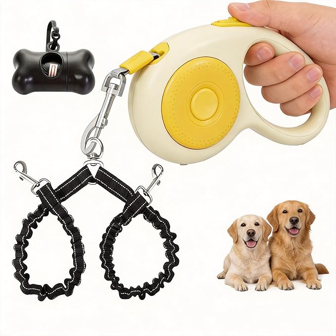 Dual Retractable Dog Leash for 2 Large Dogs (Up to 110 Lbs Each), One-Button Break and Lock, Non-Slip Grip, Double-Headed, 16 FT Extendable Pet Leash with Poop Bags, 360° Tangle-Free (Yellow, Large)