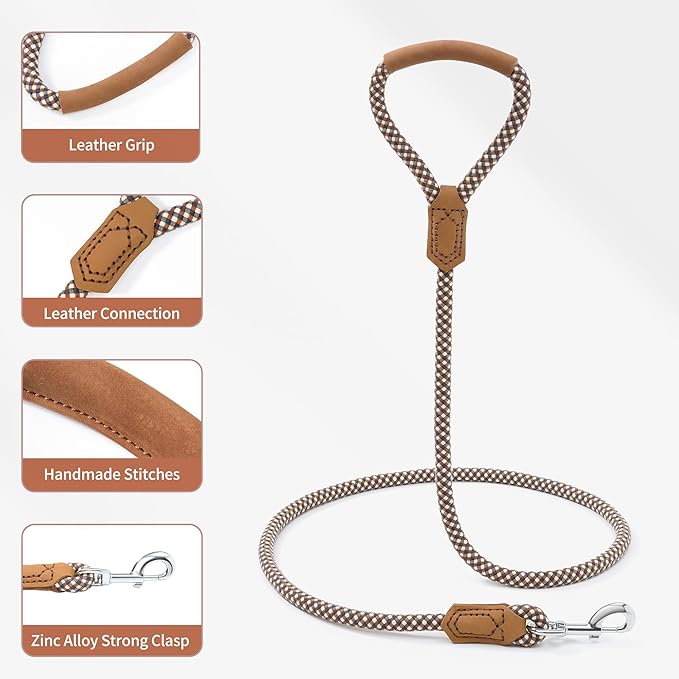 Mile High Life | Premium Leather Dog Leash | Strong Rope Leash | Leather Handle | Zinc Alloy Strong Clasp | Small Medium Large Dogs | 4/5/6 Feet(Brown, 72 Inch (Pack of 1))