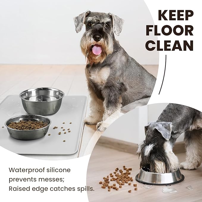 VIVAGLORY Dog Food Mat Flexmat Dog Bowl Mat, Placemat Food Tray with Raised Edges & Lip for Indoor Floor, Non Slip Waterproof Silicone Dish Placemat for Cat & Pet, L, Light Grey