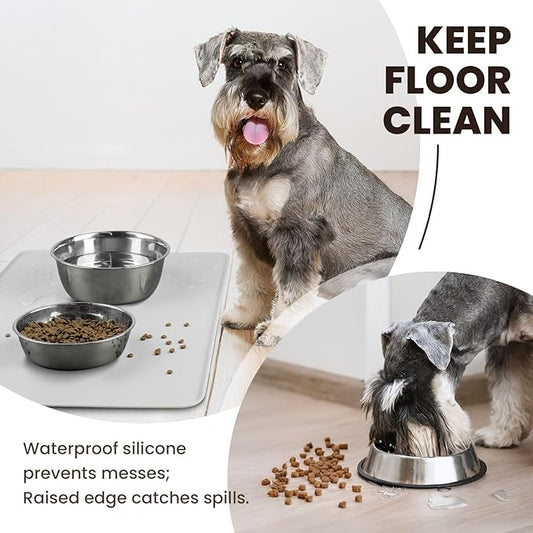 VIVAGLORY Dog Food Mat Flexmat Dog Bowl Mat, Placemat Food Tray with Raised Edges & Lip for Indoor Floor, Non Slip Waterproof Silicone Dish Placemat for Cat & Pet, L, Light Grey