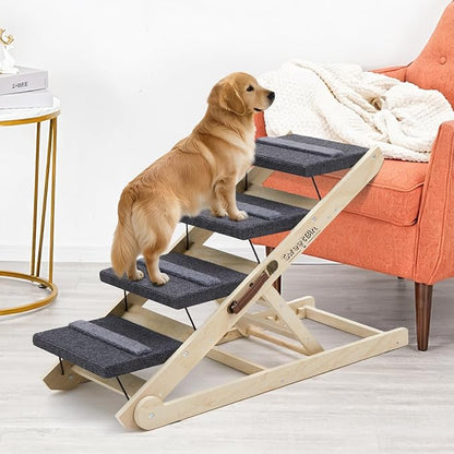 Dog Steps for Bed & Couch - 2-in-1 Dog Stairs/Ramp for Small to Large Breeds - 6 Adjustable Height from 12" to 24" - Folding Portable Wooden Ramp for Dogs to Get on Bed Couch Car Up to 200LBS