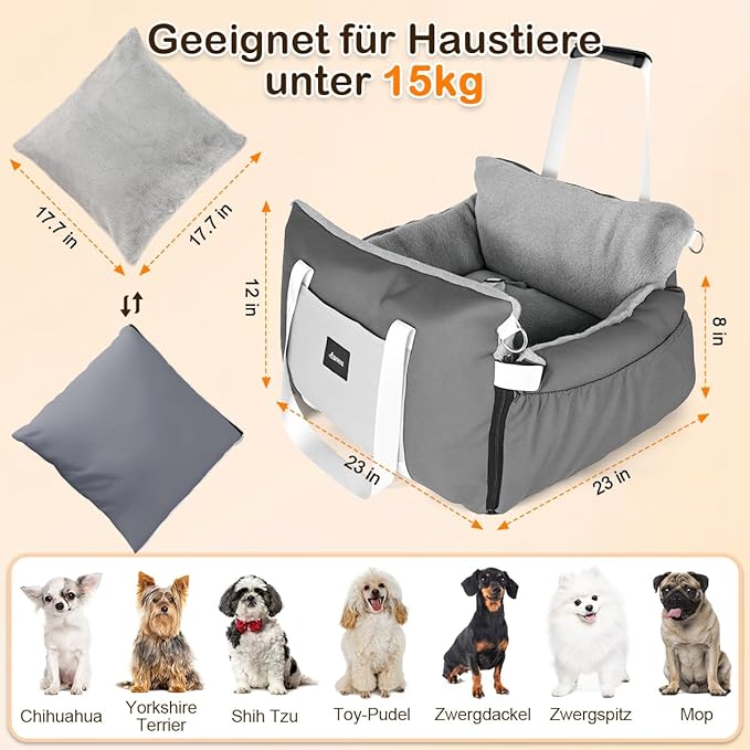 SIVES Dog Car Seat for Small Dogs, Soft Booster Seat Travel Bed with Side Flaps, Non-Slip Base, Seat Belt Straps + Safety Tether, Storage Pocket, Washable Cushion, Recommended Up to 33 lbs, Grey