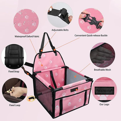 PetsHome Dog Car Seat Foldable Dog Car Booster Seat Waterproof Breathable Oxford Travel Bag for Small to Medium Dogs, Puppies, and Pets-Footprint Pink-Upgrade