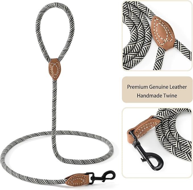 Mile High Life Rope Leash with Genuine Leather Connection, 6 FT/5 FT/4 FT, Heavy Duty Leash for Medium & Large Dogs (Black Beige, 72 Inch)