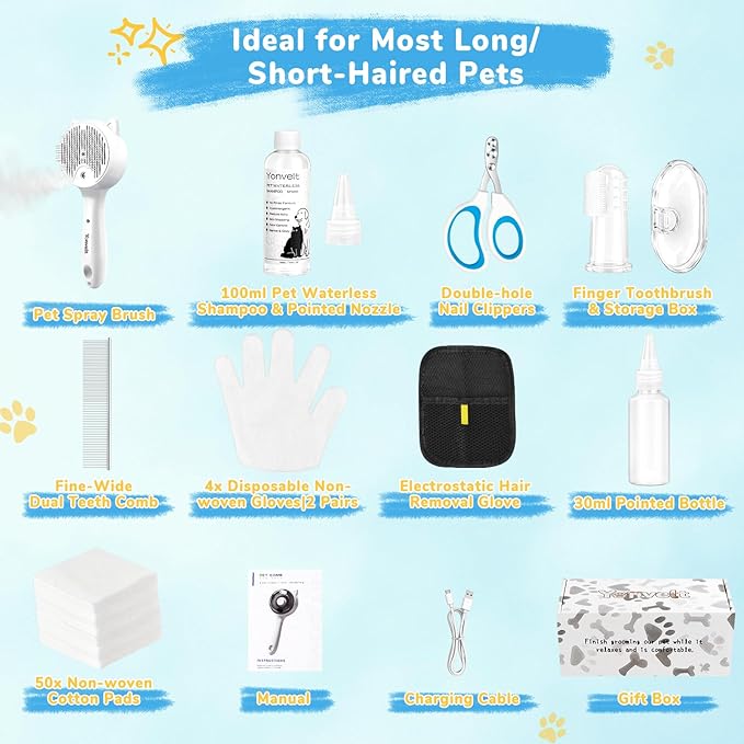 9in1 Pet Mist Spray Brush Kit for Cat & Dog, Hair Health & Grooming Set with 100ml Waterless Shampoo, Nail Clippers, Toothbrush, Comb, Eye Ear Paw Dry Wipes & Gloves, Hair Removal Glove, Gift-Set