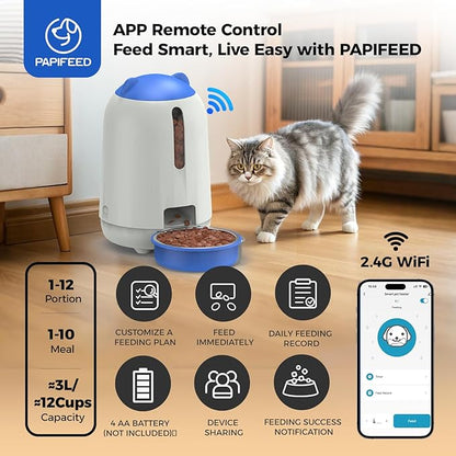 PAPIFEED Automatic Cat Feeder, App-Controlled WiFi Auto Food Dispenser with Dual Power Backup, Slow Feeding Mode, 3L Easy-Clean Feeder for Cats & Small Dogs (Blue)