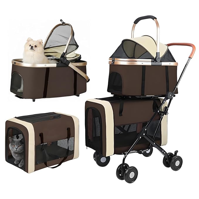 Double Pet Stroller for Dogs and Cats, One-Step Folding Dog Stroller Travel Carriage for Small Medium Dogs Cats, 2 Detachable Carrier Bags, 4 Lockable Wheels (Brown)