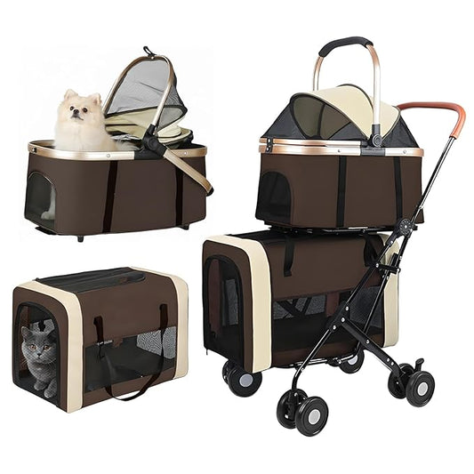 Double Pet Stroller for Dogs and Cats, One-Step Folding Dog Stroller Travel Carriage for Small Medium Dogs Cats, 2 Detachable Carrier Bags, 4 Lockable Wheels (Brown)