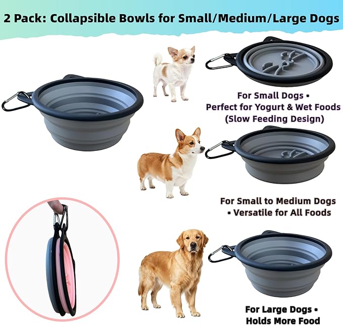 2 Pack Collapsible Silicone Dog Bowls, 25oz Portable Food Water Bowls for Medium/Large Dogs, Pet Camping Travel Essentials (Pink/Gray)