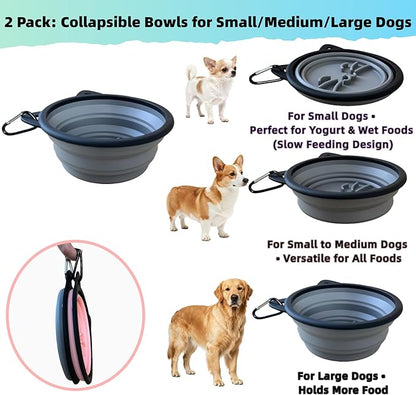 2 Pack Collapsible Silicone Dog Bowls, 25oz Portable Food Water Bowls for Medium/Large Dogs, Pet Camping Travel Essentials (Pink/Gray)