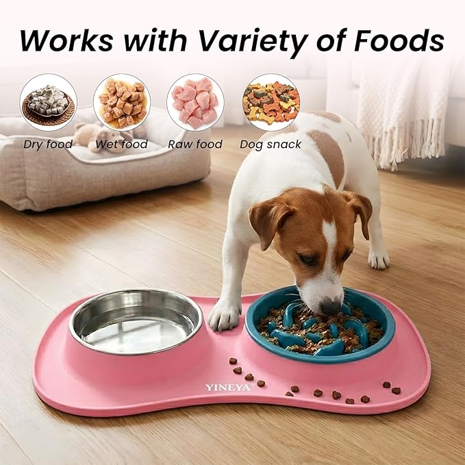 Slow Feeder Dog Bowls Stainless Steel Food and Water Bowl Set 3 in 1 No Spill Waterproof Silicone Pet Food Mat Puppy Feeding Station for Large Medium Small Breed Non Slip Metal Dish Tray by YINEYA
