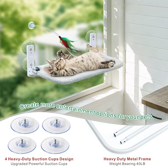 Idepet Cat Window Perch Cordless Foldable Cats Hammock Bed with Interactive Toys,Suction Cups,Reversible Cover Keep Pets Cool Warm for Summer Winter,Indoor Kitten Resting Seat(Gray&Black, 1 Pack)