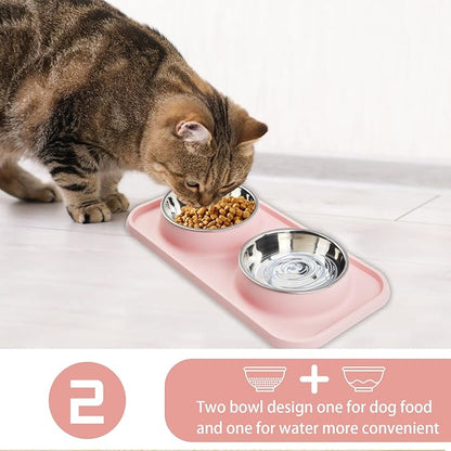 Double Dog Food Bowls with Mat,Stainless Steel Dog Bowls with No Spill Non Skid Silicone Mat Removable Cats Water and Food Bowl Set for Puppy Cats Kitten Small Medium Dogs(Pink)