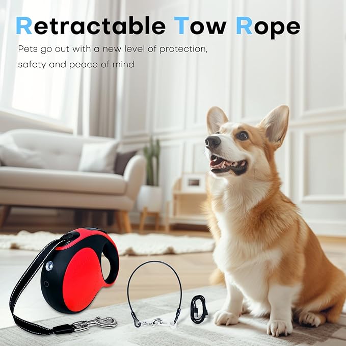 Retractable Dog Leash with chew-Proof Cord and LED Flashlight, 16-ft Heavy-Duty Dog Leash, Suitable for Small/Medium Dogs Weighing up to 110 pounds, Reflective Rope, 360° Anti-tangling.(Red+16Ft+LED)
