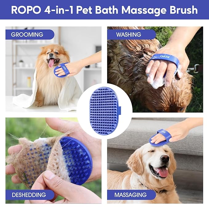 Dog bath brush, ROPO rubber massage dog shampoo brush, used for pet grooming, removing shedding fur, combing tangles and dead fur, suitable for pet dogs and cats (blue)