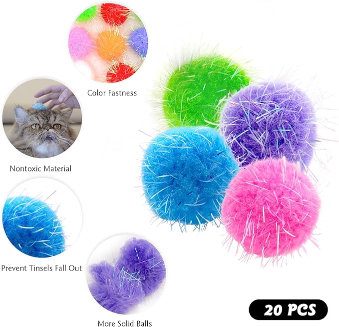 20PCS 1.5INCH Extra Large Cat's Favorite Chase Glitter Ball Toy Sparkle Pom Pom Balls