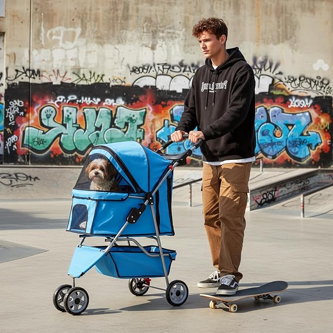 BestOffice Pet Stroller for Small Medium Dogs & Cats, 3-Wheel Foldable Dog Stroller with Cup Holder, Lightweight Travel Carrier, Waterproof Design for Outdoor Walks, Blue