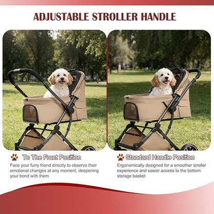 Small Dog Stroller, Pet Stroller for Small Dogs up to 55lbs- Fold All in One Without Detaching Carrier, Cat Stroller with Reversible Handle,Cup Holder (Khaki)