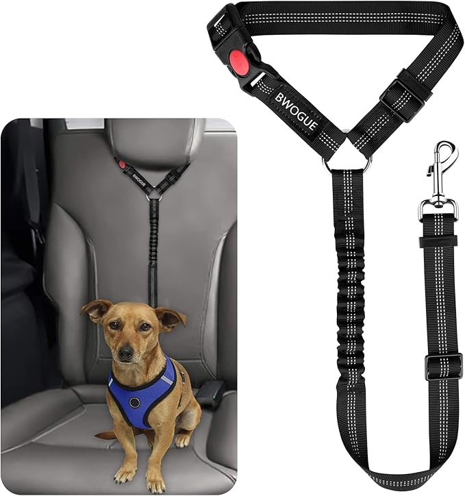 BWOGUE Pet Dog Cat Seat Belts, Car Headrest Restraint Adjustable Safety Leads Vehicle Seatbelt Harness (1 Pack, Black, Elastic)
