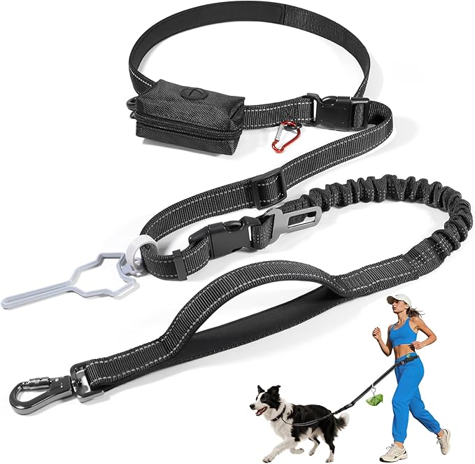 Hands Free Dog Leash 4-in-1, Adjustable 4–6 ft Waist & Crossbody Leash with Seat Belt Clip & Poop Bag Holder, Reflective & Heavy-Duty for Running, Walking, Hiking, Training