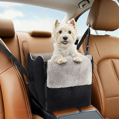 BONTHEE Center Console Dog Car Seat for Small Dogs- Anti-Collapse Design with Soft Plush & Sturdy Support Board, Adjustable Safety Leash for Small Dogs & Cats up to 15 lbs