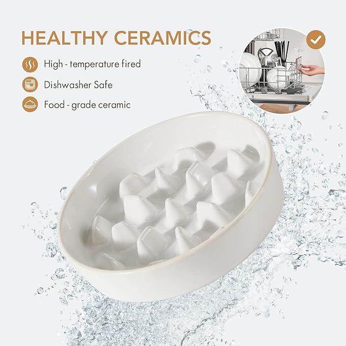Ceramic 3.2 Cup Dog Bowl Slow Feeder, 9.5 inch Slow Pet Food Dish for Large Dog, Stop Bloat, Preventing Choking(Single Bowl,Reactived Glaze -White)