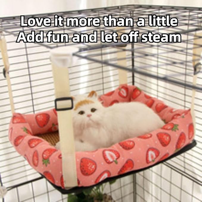 Hanging Cat Bed with Rattan Mat and Cotton Pad Cat Swing Hammock for Cage Kitten Cage Pet Hammock Ferret Bed Desk Accessories Indoor Hanging Bed Kitten Puppy Rabbit Bunny (Round-Pink,Small)