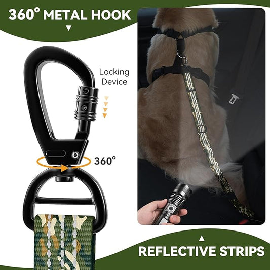 Pawaboo Dog Car Seat Belt– Reflective & Adjustable Dogs Cars Harness Leash with 360° Lockable Buckle, Shockproof Dogs Tether Bungee for Safe Travel, Army Green Camouflage