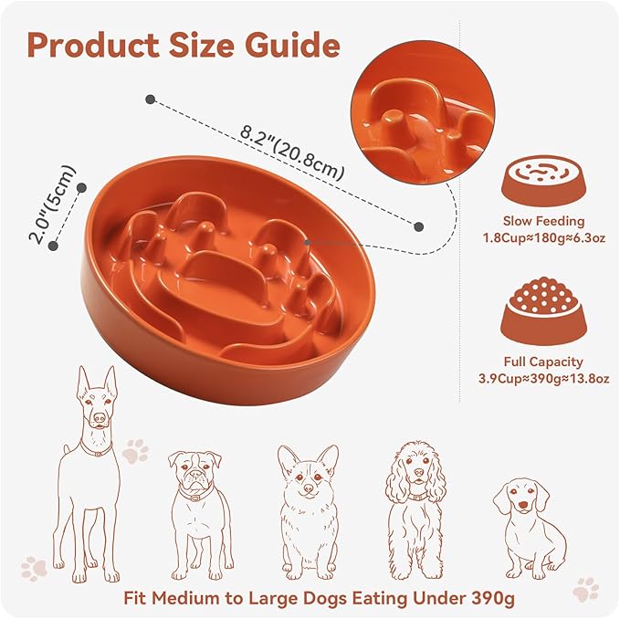 Ceramic Slow Feeder Dog Bowl - Maze Dog Bowl to Slow Down Eating - Feeding Dish for Fast Eaters - Ideal Food Control Dish for Medium to Large Breeds - 8.2 Inch - 1.8 Cups (180g) - Orange