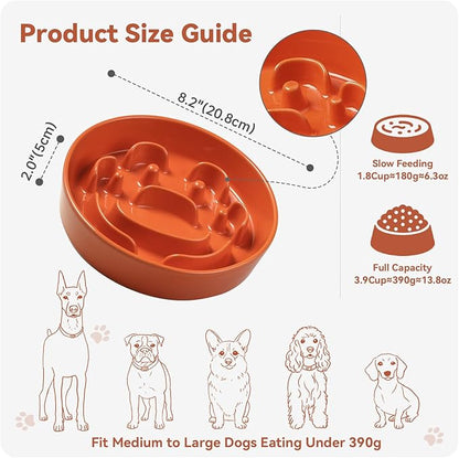Ceramic Slow Feeder Dog Bowl - Maze Dog Bowl to Slow Down Eating - Feeding Dish for Fast Eaters - Ideal Food Control Dish for Medium to Large Breeds - 8.2 Inch - 1.8 Cups (180g) - Orange