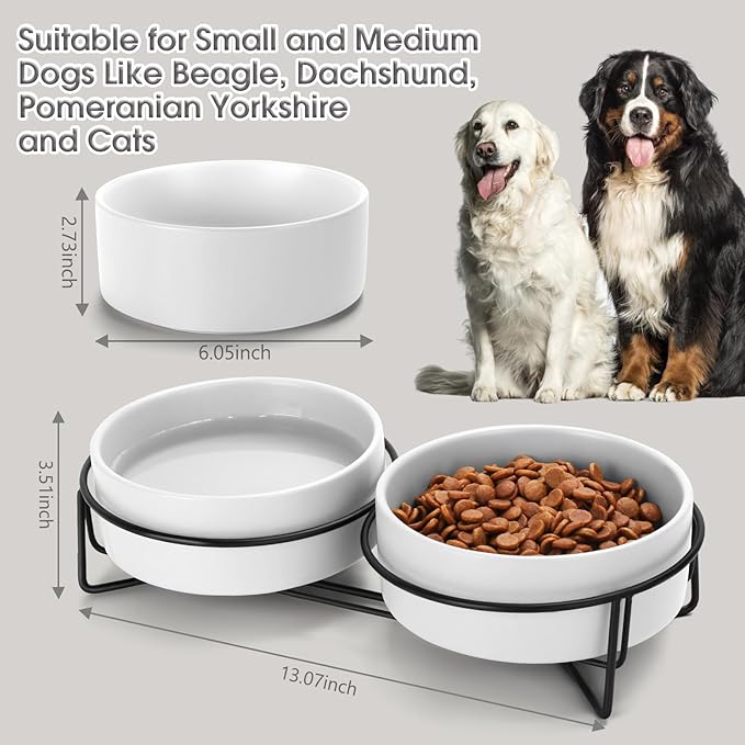 Ceramic Dog and Cat Bowl Set with Stand, 3.6 Cups Dog Food and Water Bowl Suitable for Small and Medium Pets (28.7oz White)