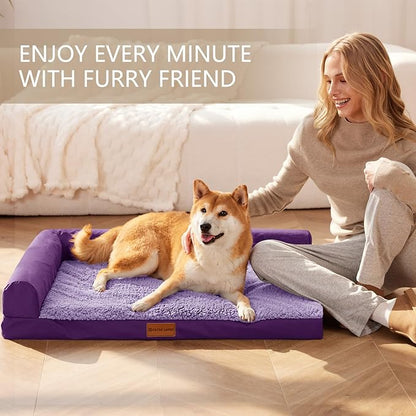 Patas Lague Orthopedic Jumbo Dog Bed for Extra Large Dogs 56''X40'', Waterproof L Bolster Pet Sofa Beds with Removable Washable Cover, Soft Comfortable Pet Couch Crate Mat with Nonskid Bottom, Purple