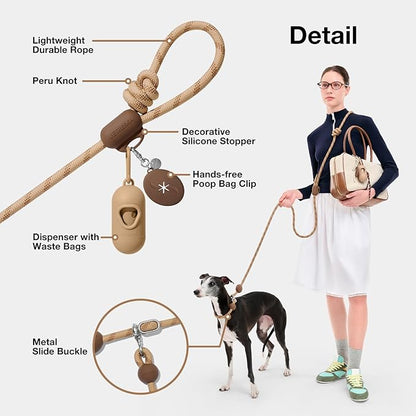 VETRESKA Hands-Free Dog Leash, 8FT Adjustable Rope Leash for Medium Large Dogs, Waist/Crossbody Slip Lead Leashes for Walking, No Pull Dog Leashes with Bag Dispenser, Clip, 3 in 1 Walk Kit (Coffee)