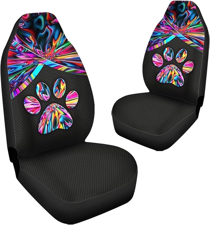 Universal Bucket Seats Cover Protector, 2 PCS Colorful Trippy Dog Paw Print Waterproof Durable Auto Interior Accessory for Car Truck SUV