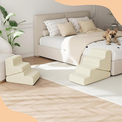 Dog Ramp for Bed, 16.5" H Dog Stairs for High Bed, 2 in 1 Pet Steps for Small Dogs, 3-Step Foldable Transformable Large Cats Ramp to Get on Couch, Non-Slip Balanced, Beige