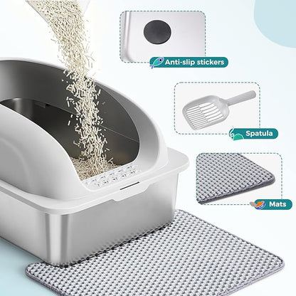 OLIXIS Stainless Steel Cat Litter Box with Lid, Large Cat Litter Box for Big Cats, High Wall Sides, Anti-Urine Leakage, Easy Cleaning, Scoop and Mat Included, Light Gray