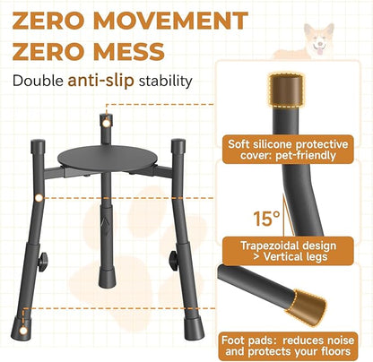 Extra-Stable Elevated Dog Bowl Stand for Large Medium Breeds, Adjustable Size 4 Heights Width 6-10in, Anti-Tip Metal Raised Food Feeder Water Dish Holder, Non-Slip Tall Single Lifted Riser
