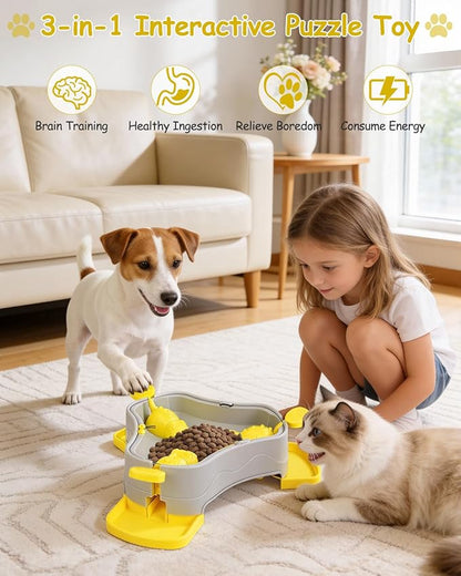 Dog Puzzle Toy, 3-in-1 Interactive Dog Puzzle Toys Press-Type Dog Treat Dispenser Toy Dog Enrichment Toy No-Slip Dog Slow Feeder Interactive Brain Training Toy for Smart Dog Cat, Yellow