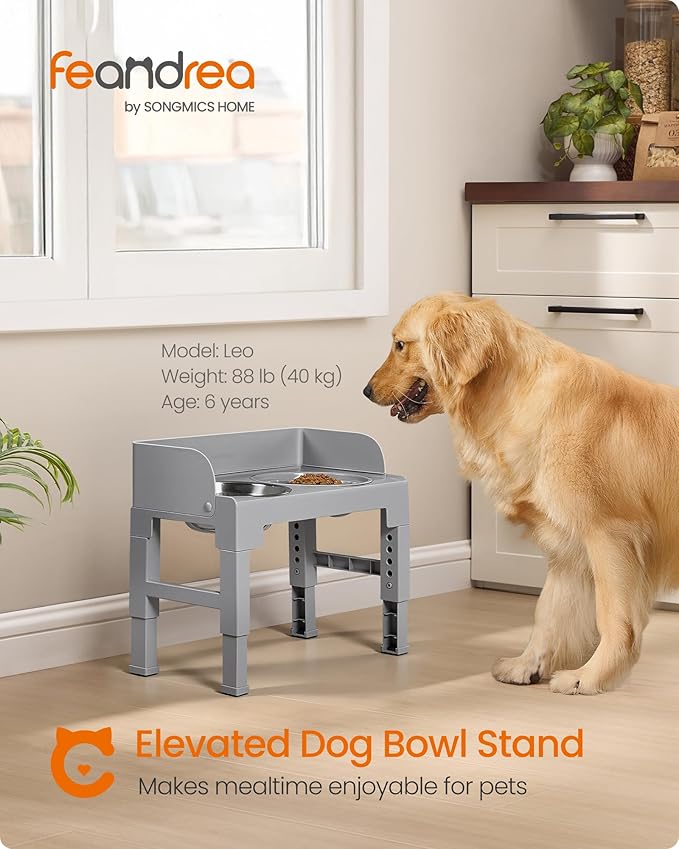 Feandrea Dog Bowls Elevated, Raised Stand with 1 Slow Feeder and Two 304 Stainless Steel Bowls, Adjustable Height and Tilted Design, Dove Gray UPRB103GD01