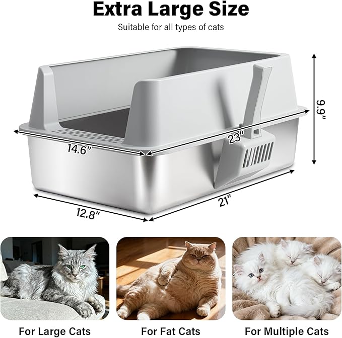 Stainless Steel Cat Litter Box with Lid, 2 Pack XL Metal Litter Box Stainless Steel with Mat & Scoop, Odor-Free/Anti-Leakage & Non-Stick, High-Sided Litter Box for Multiple Big Cats(XL/Grey)