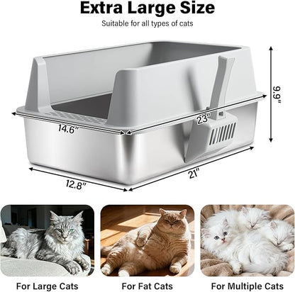 Stainless Steel Cat Litter Box with Lid, 2 Pack XL Metal Litter Box Stainless Steel with Mat & Scoop, Odor-Free/Anti-Leakage & Non-Stick, High-Sided Litter Box for Multiple Big Cats(XL/Grey)